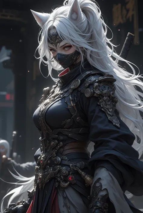  live-action、  Tensho eru Kuroboshi Savia   、Female ninja who lives freely、Animal Ears、 let your long silver ponytail take hold、Black Dragon Ninja Clothes、Equip yourself with the golden dagger、 sleeves and pants are white、20-year-old woman、black cloak with...