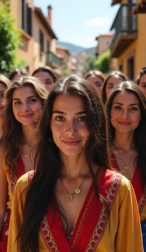 A group of 19-year-old  Spanish men and Spanish women in front of a beautiful Spanish village in the front, with focus on the realistic photo of their faces