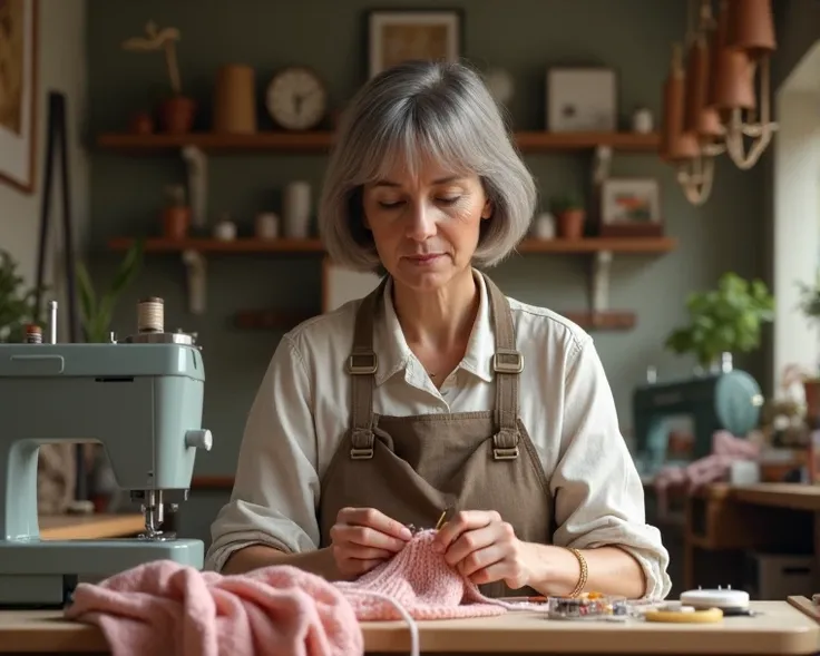 
short-haired lady with apron and glasses knitting in her sewing workshop 