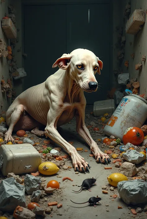  extremely malnourished dog with visible rib bones, Lying in the middle of the garbage  , rats and cockroaches in the garbage .  the dog is lying in front of 