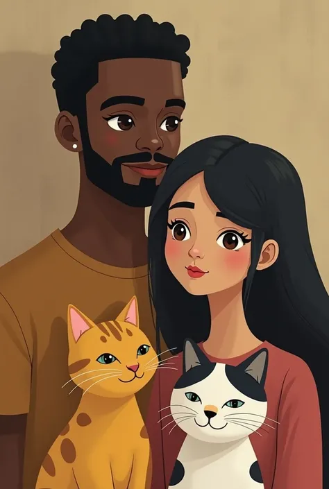 Dad mom and daughter's family, the tall, smooth-haired black dad, With a beard and a thin mustache the mother with long straight black hair and the  daughter the movie smooth black hair and two cats a yellow cat with black spots and a white one with black ...