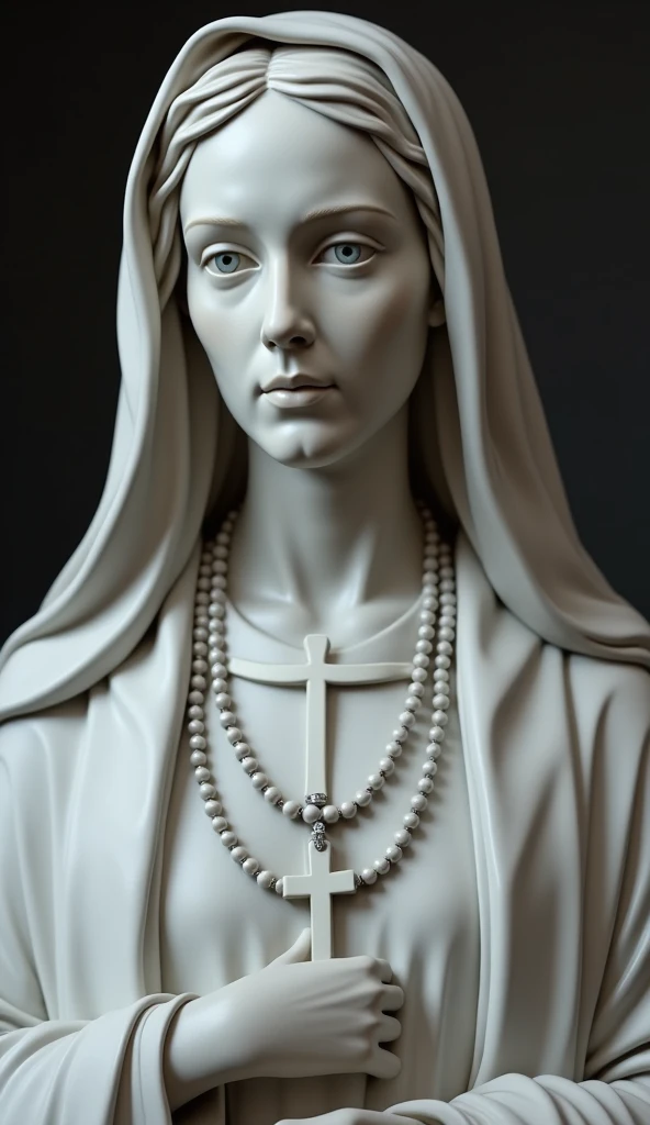 a saint of the Catholic church, she has a rosary around her neck, she has liturgical vestments, with a clearly visible cross. the image is from the bust up and she is looking straight ahead. it's as if she's looking at the viewer from the other side. It lo...