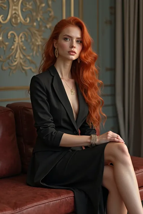 ((Distance)) Full-body influencer, median body,  red hair with long hair ,  naturally wavy and long length , She's at a photo shoot for Versace luxury fashion,  She combines classic fashion pieces , Wear elegant black dress,  elegant and feminine woman ,  ...