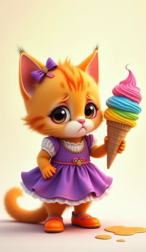 A melancholic orange kitten, adorned in a majestic purple dress with a matching headband, and wearing bright orange shoes, gazes down in despair as a colorful, oversized ice cream cone melts in its right hand, the vibrant hues of the ice cream - pink, blue...