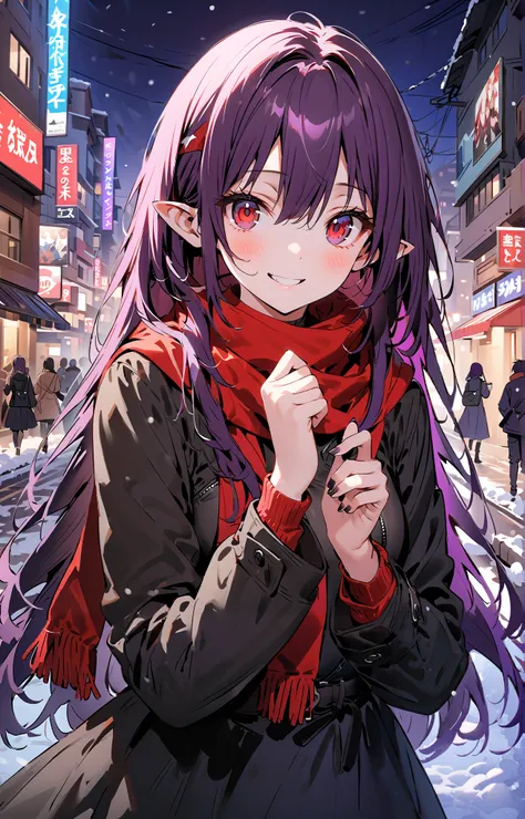  yuukiKonno, Konno Yuuki,  headband,  long hair,   pointed ears ,  purple hair,  red eyes,smile,blush, close your mouth, red scarf,purple down coat ,Black long skirt, Bbo~, standing,snow,building,whole bodyがイラストに入るように,
break outdoors, City,
break looking a...