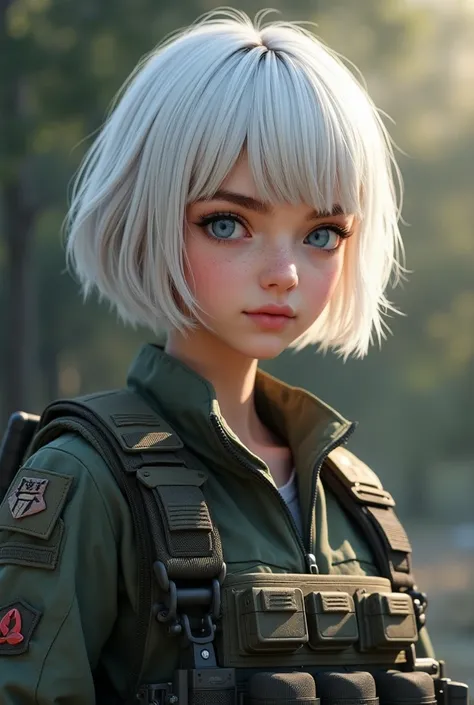  Beautiful 20 year old girl with short white hair to the shoulder. He has blue eyes, brown eyebrows. The same girl but wearing tactical military clothing ,  firearms and slightly shorter hair.