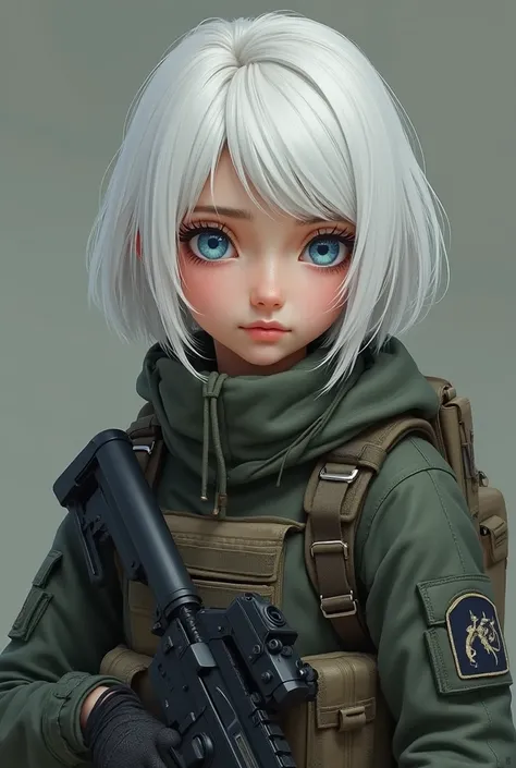  Beautiful 20 year old girl with short white hair to the shoulder. He has blue eyes, brown eyebrows. The same girl but wearing tactical military clothing ,  firearms and slightly shorter hair.