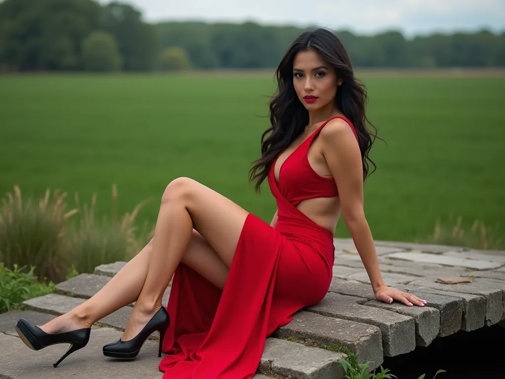 An attractive Latina woman with dark, flowing hair is wearing a tight-fitting red dress that accentuates her curves. sitting in the center of a stone bridge The dress has a deep V-neckline and a slit on one side, showing her toned crossed legs, paired with...