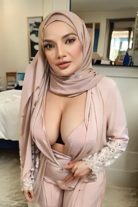 (Masterpiece: 1.2, Best Quality), Realistic, (Realistic Picture, Complex Details, Depth of Field), Best Quality, Masterpiece, Highly Detailed, Realistic, 1 mature, indonesian old wife, 45 Years Old, chest forward, big breasts, thin lips, beautiful and sedu...