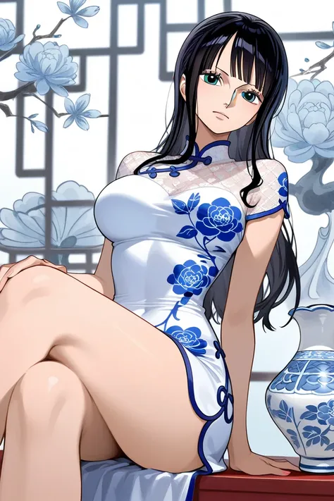 The black-haired nico robin character in the One Piece cartoon wears a gray Chinese rib dress with a pattern of blue and white floral porcelain,she is posing sitting back as the backdrop is in a room decorated with floral porcelain motifs