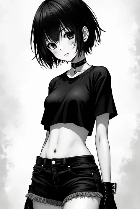 Short haired girl with short t-shirt and gothic style shorts with a band-aid on her face and ear piercing anime black and white manga style