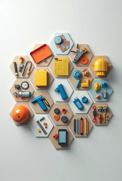 create an image containing cleaning material, material electrico, building materials, tools, stationery, impressions that are grouped in hexagons