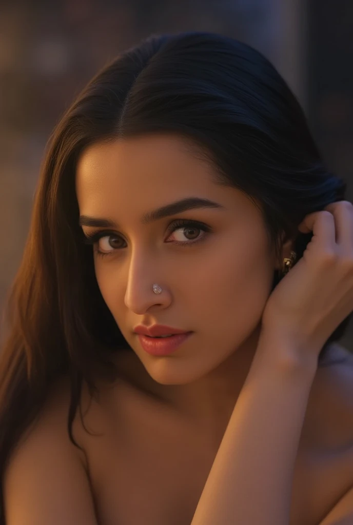 a beautiful naked Shraddha Kapoor lying on a bed, flashing her body , beautiful detailed eyes, beautiful detailed lips, extremely detailed eyes and face, long eyelashes, cinematic lighting, chiaroscuro lighting, dramatic shadows, moody atmosphere, photorea...