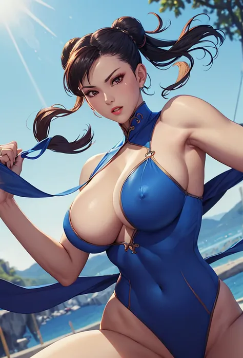 Chunli,, perfect hand,  perfect finger, PERFECTIVE ANATOMY,  masterpiece,  best quality, by Nomi, hyper by Nomi, 16K HDR, 1 girl,  big breasts(Big Breasts、huge breasts giga tits 、ultra tits：1.3) battle pose,  abs、 well-trained body、Outdoors,Strong winds、
(...