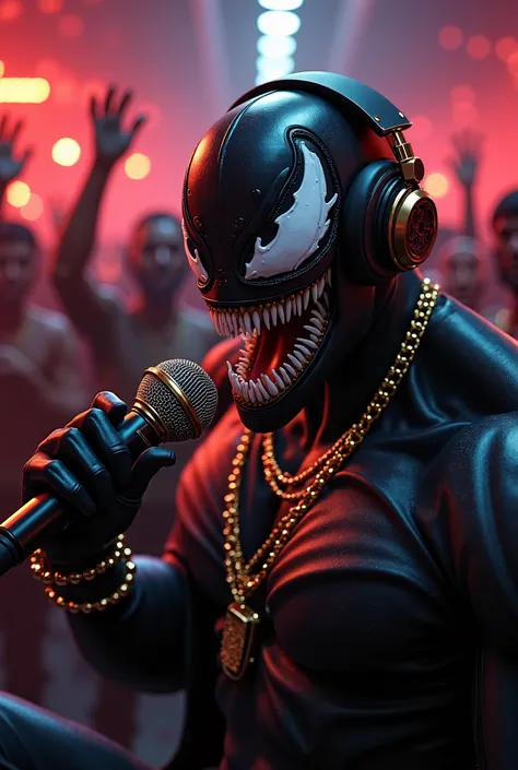 Venom looks like a 3D-rendered digital artwork featuring an anime-style character in a luxury, hip-hop-inspired setting with ppl around him in party holding a Mic and headphones and some gold teeth and jewelry in his hand in dark style for Instagram post 