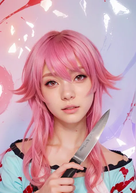 anime woman with pink hair holding a knife in her hand, Gapmoe Yandere, gasai yuno from Mirai Nikki, Mirai Nikki, gasai yuno from Mirai Nikki , with pink hair,  realistic anime style art ,  In realistic anime style, in an anime style, realistic anime style...