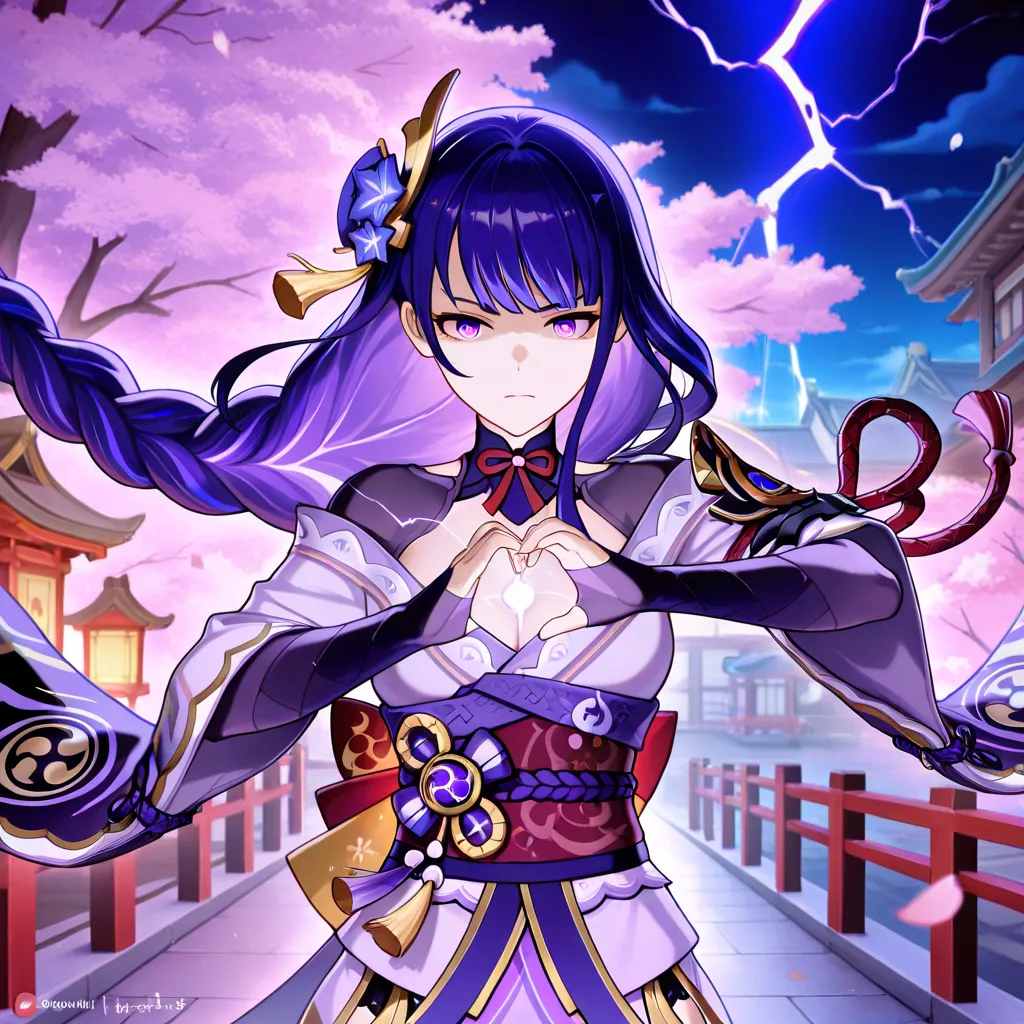 masterpiece, best quality, amazing quality, a girl, The Raiden Shogun from the genshin impact game, must be in a confident and badass pose, with a serious face and eyes shining with purple rays showing her electric power like in the genshin impact game. It...