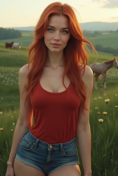  The image must be both sober and full of mystery, with a relaxing atmosphere.  a woman,  long red hair,   green eyes,  red tank top , denim shorts on a farm,   perfect skin, parts,  curves, 