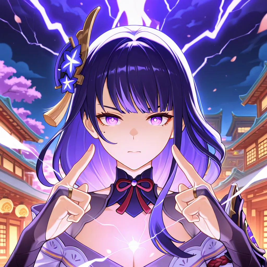 masterpiece, best quality, amazing quality, a girl, The Raiden Shogun from the genshin impact game, must be in a confident and badass pose, with a serious face and eyes shining with purple rays showing her electric power like in the genshin impact game. It...