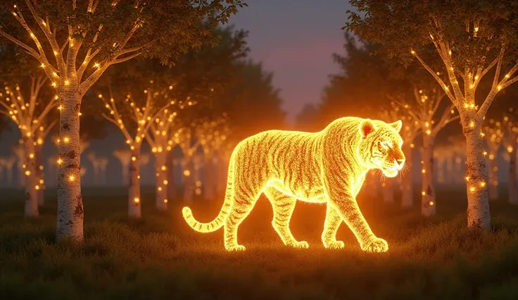  Generate a realistic image of a majestic tigress made entirely of golden and bright light .  The tigress  must be walking through an orchard where trees are also made of light resplendent,  with trunks of white light and leaves of bright green light .  Th...