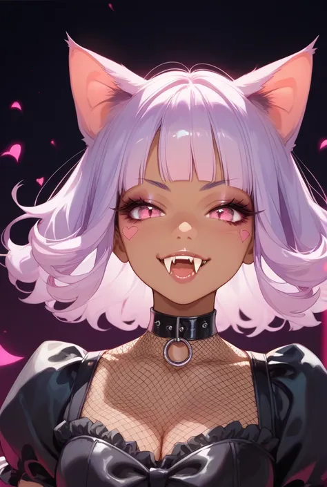 Anime Cat Girl, vampire, tanned skin, long light purple hair, pink eyes, fangs, pastel goth, big boobs, kawaii outfit 