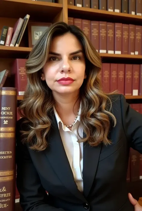 a 30-year-old female lawyer with wavy brown hair in a business suit between books