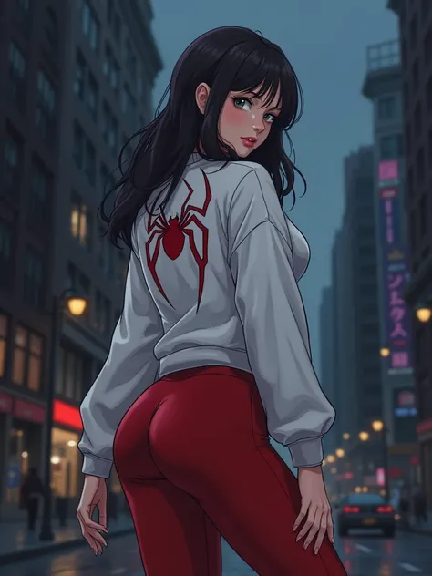 A woman in a spider uniform- white with tight red and a sweatshirt,   big boobs , round and puffy and round belly   , Background in a dark city   ,   anime art ,  Turn to the side with her legs together  