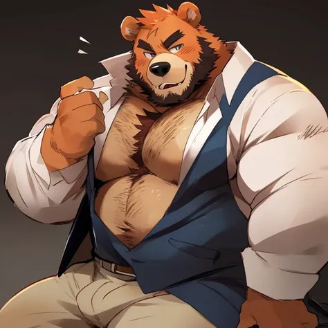 bear, furry, orange fur, handsome, very muscular, very big, extremely hot and sexy, beard, hair, chest hair, charming eyes, solo, male, happy expression, daddy, full body, big body, clothes, middle aged, by hyaku, by darkgem, by glitter trap boy