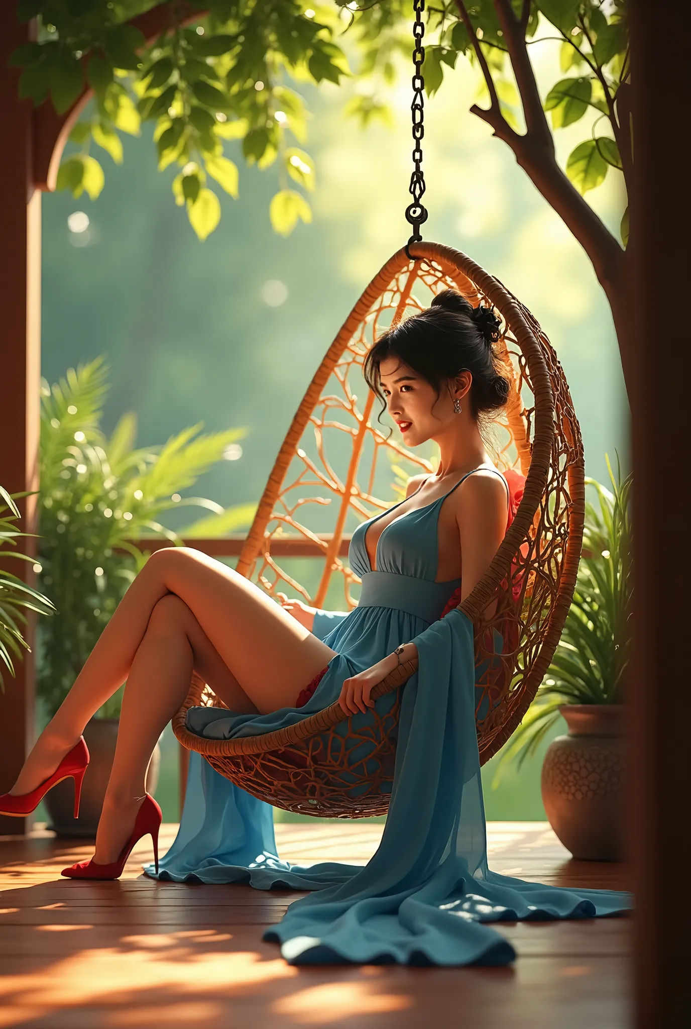 Chinese ancient clothing, sexy Han Chinese Clothing, very big breasts, a woman in a blue dress sitting in a cozy hanging chair on the porch, surrounded by lush greenery and bathed in golden sunlight. The light brown background and natural lighting give the...