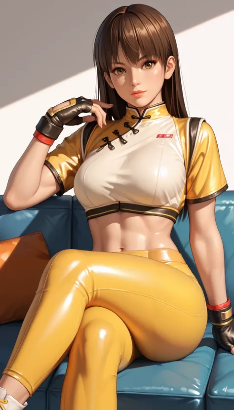 LeiFangDOA, brown hair, (long brown straight hair:1.4), crop top, yellow leggings, short sleeves, fingerless gloves, breasts, sitting, couch, crossed legs, looking at viewer,