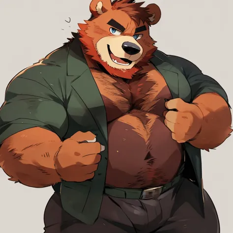 bear, furry, orange fur, handsome, very muscular, very big, extremely hot and sexy, beard, hair, chest hair, charming eyes, solo, male, happy expression, daddy, full body, big body, clothes, middle aged, by hyaku, by darkgem, by glitter trap boy