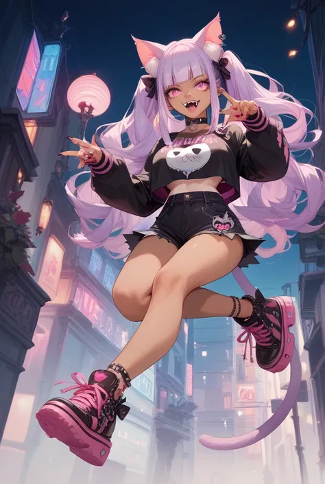 Anime Cat Girl, vampire, tanned skin, long light purple hair, pink eyes, fangs, pastel goth, big busty boobs, kawaii outfit, full body 