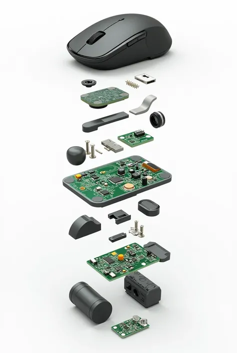  An explosion diagram of a mouse with those parts in specific. Parts included :

 Plastic case
Fastening elements  (screws, clips, etc.)
 Printed Circuit Board  (Pcb)
Right buttons / left and scroll wheel
Gliders or skates
Electronic components (resistance...