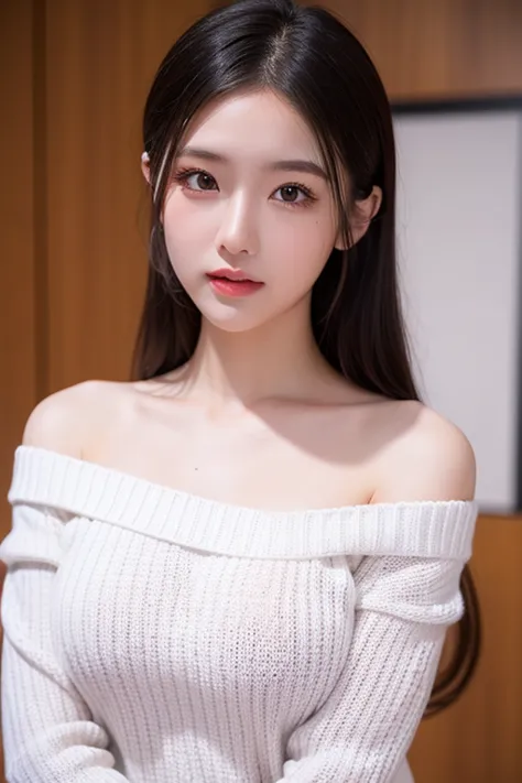 ((  Best Quality )), (( excellent performance )), ( Details), 1 girl,   Off-the-shoulder Sweater , Big Breasts, White skin, fit,  Close your eyes,  lip biting