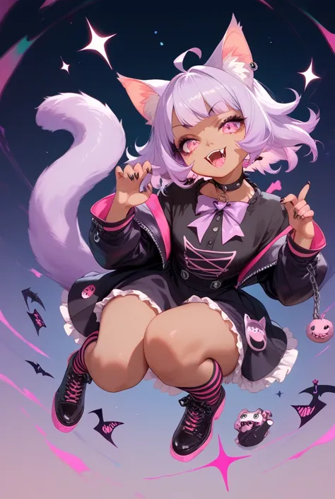 Anime Cat Girl, vampire, tanned skin, long light purple hair, pink eyes, fangs, pastel goth, big boobs, kawaii outfit, full body 