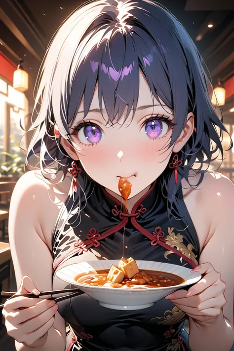 1 girl, masterpiece,  high resolution, accurate,  high detail, 
, "short blue-haired high school girl, light purple eyes, wearing a sexy high-slit Chinese dress (qipao) with intricate golden embroidery, sitting at a traditional Chinese restaurant, elegantl...