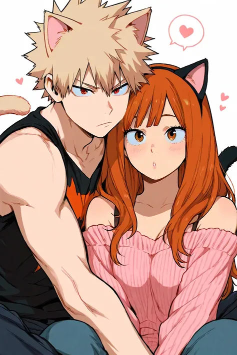 bakugo katsuki, girl with long auburn hair, couple, detailed, cat ears, cat tail, cute, cozy