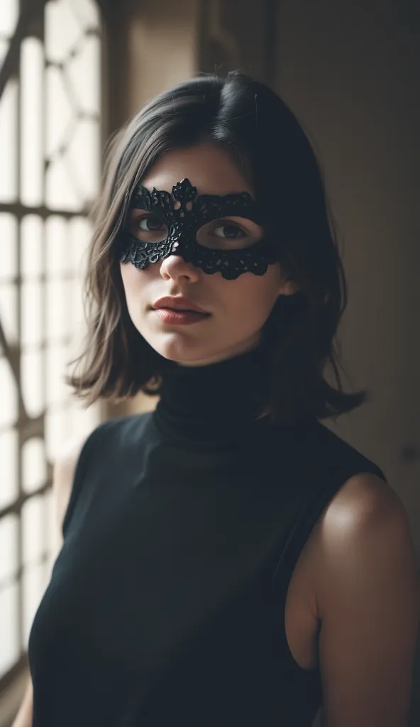 18 years old Nadja Auermann, messy bob, pink lips, black lace domino mask, sleeveless black velvet turtleneck top, high waist black jeans