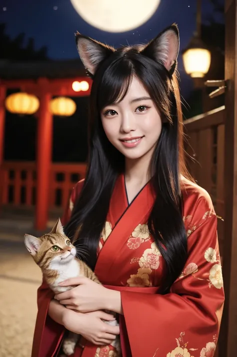 masterpiece,best quality,4k,Femele beautiful Japanese 24Years-old women,standing Holding a red cat,1women,femele hight169cm,femele black hair,blown eyes,skinny body, smile,Fox ears Kachusha,fake animal ears, smile,kimono,shrine,fireworks,fullmoon,hands of ...