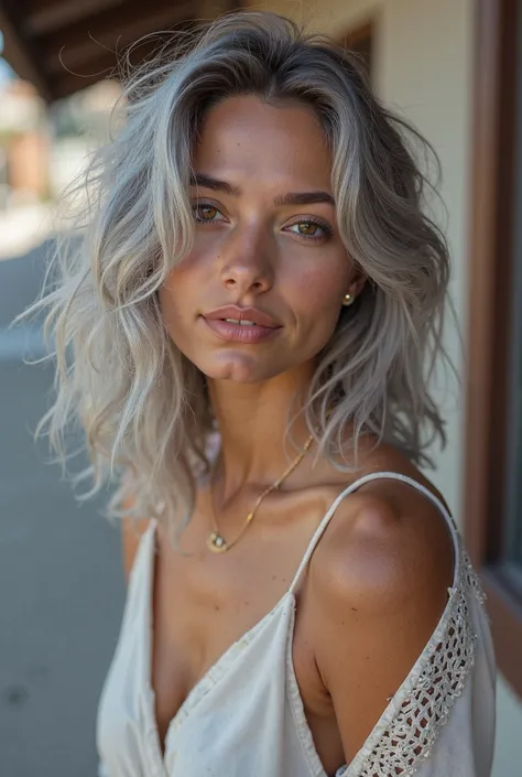 
"a young brunette,  Between 20 and 28 years old , with a unique and captivating beauty .  Your gray hair ,  in shades of silver and gray ,  they fall in soft waves up to shoulder height ,  contrasting with her tanned and radiant skin .  Her honey-colored ...