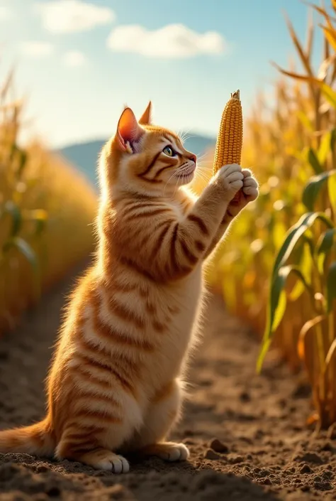 A fat, striped cat ,  with golden-yellow and orange fur ,  is standing on its hind legs in the middle of a vast plantation on a .  With its front legs ,  it stretches to reach an ear of corn ,  gripping it curiously while its plump body sways slightly .  Y...