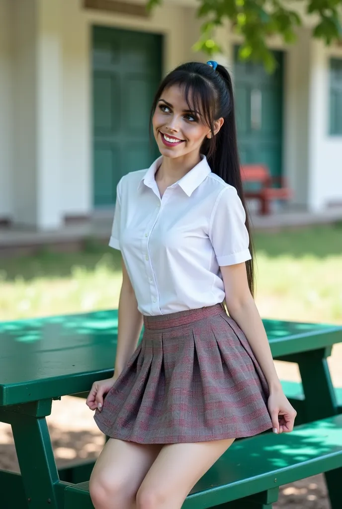  Real high quality and realistic photos of Thai women,  beautiful ((( big breast ,  big boobs , nsfw))) ,  best quality,   20 year old Thai girl in a school uniform standing near a green metal table,   she is wearing a white shirt((( big breast ,  big boob...