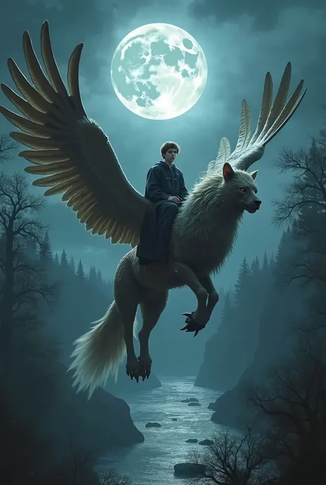 Harry Potter riding a griffin like in the movie. Against the background of the moon, a dark lake and forest