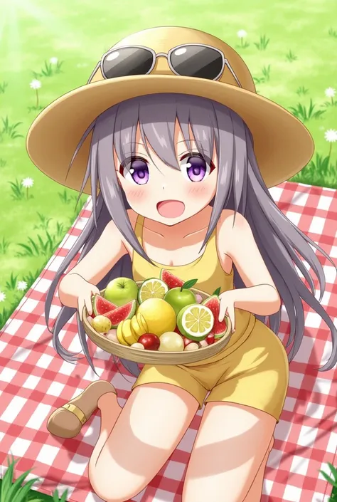 ((Dorian Fruit)), 1 Girl, Dorian, Picnic, Summer, Meadow, Plaid Leisure Sheet, Dorian, Cut Dorian, Fruit Platter, Sandeless, Straw Hat, Long Hair, Sunglasses, Sunglasses, Refreshing Wind, happy smile, fresh fruit shine, lens effect, soft bokeh.,Cute,blurry...