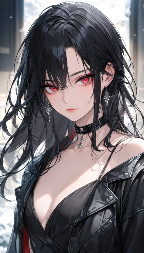  beautiful women, cool, Cold Stare , Calm、 beautiful disheveled long black hair,  red eyes、 half-open eyes、 choker, ( super precise,  Absolute Resolution,  best quality:1.3)、 black leather jacket、 Black Clothes 