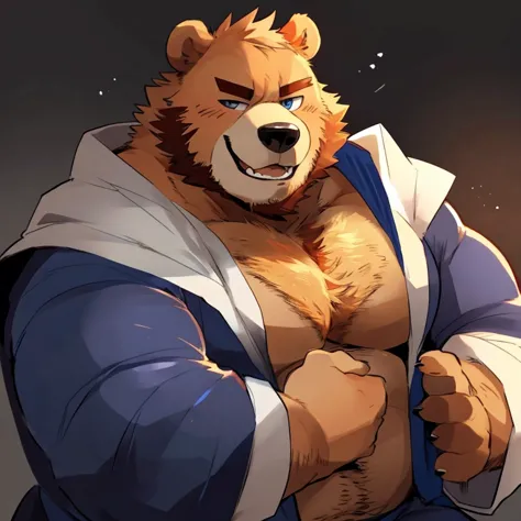 bear, furry, orange fur, handsome, very muscular, very big, extremely hot and sexy, beard, hair, chest hair, charming eyes, solo, male, happy expression, daddy, full body, big body, blue medieval clothes, middle aged, by hyaku, by darkgem, by glitter trap ...