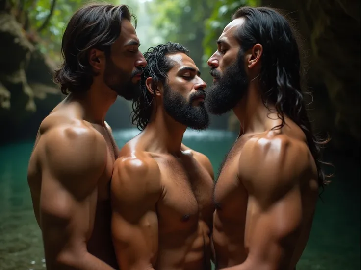 Three handsome men with beards, The three men look at each other with a lot of lust with their eyes closed, her sensually shaped body , inside a cave with a waterfall in a jungle with orange and visible light,  with two tall men , two romantic muscular men...