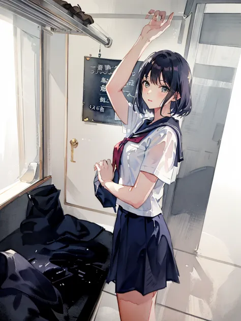 there is a woman in a uniform holding a mirror in her hand, chiho, seifuku, mayuri shiina, young gravure idol, 🚿🗝📝, shikamimi, shiori teshirogi, realistic young gravure idol, narumi kakinouchi, young pretty gravure idol, of a youthful japanese girl, (Maste...