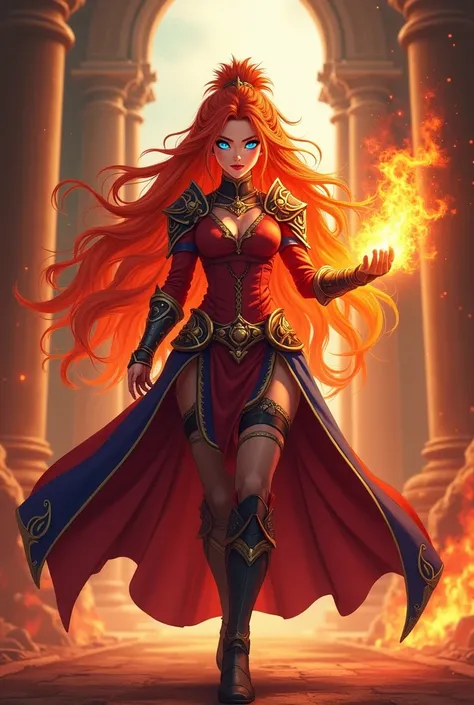  Fuegoleon Vermillion (Female), 4K anime style quality, digital drawing mode, a proud and commanding fire mage with long fiery red hair, fierce blue eyes, wearing a red and blue royal battle outfit with golden accents, holding a flaming gauntlet radiating ...