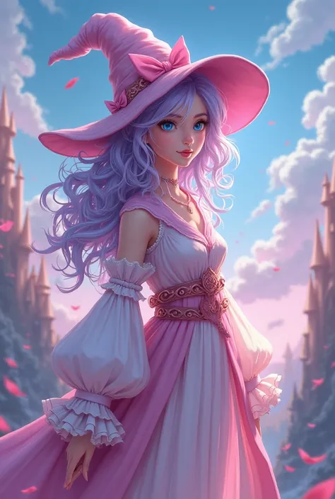  Dorothy Unsworth, 4K anime style quality, digital drawing mode, a whimsical and mysterious dream mage with wavy lavender hair, blue eyes, wearing a pink and white witch robe with a wide-brimmed hat, standing in a dream world with floating castles, full bo...